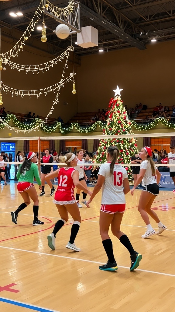 Players enjoying a volleyball game at a Christmas party, surrounded by festive decorations.